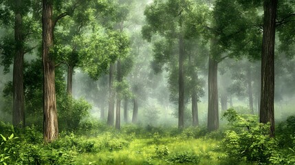 Misty Green Forest Landscape with Tall Trees