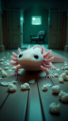 Axolotl crawling across floor in eerie moonlight
