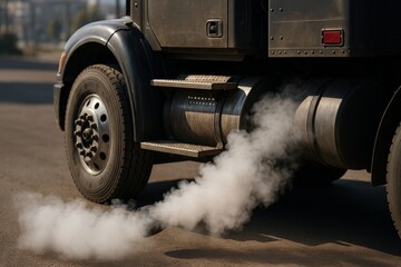 Heavy-duty truck releases a dense trail of exhaust smoke from its tailpipe, polluting the air while idling on an urban road.