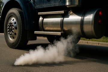 A large truck emits thick exhaust smoke from its tailpipe while idling or accelerating on a city road, indicating diesel emissions and air pollution.