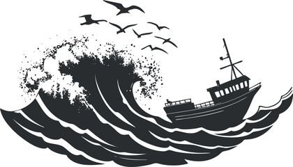 Silhouette of a fishing boat navigating large ocean waves with seagulls flying overhead in stormy sea