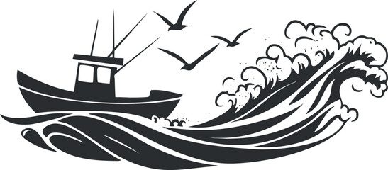 Black and white silhouette of a fishing boat riding ocean waves with seagulls flying overhead