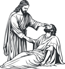 Black and white illustration of Jesus healing a man sitting on the ground with a compassionate gesture
