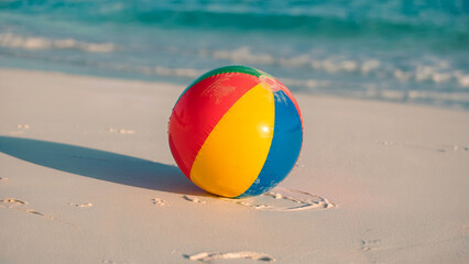 Obraz premium Colorful beach ball resting on white sand near ocean water
