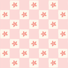 Checkered Seamless Groovy Pattern with Flowers.