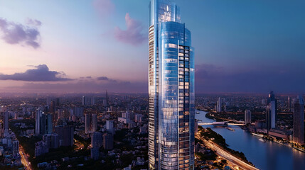 Obraz premium Modern Glass Skyscraper at Sunset Over Cityscape