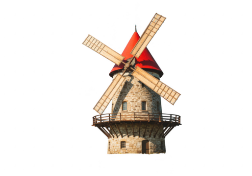 Old stone windmill with red roof isolated on transparent background
