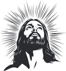 Black and white illustration of a man with long hair and beard looking upwards with radiant halo rays symbolizing divinity and spirituality.