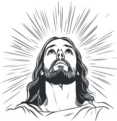 Black and white illustration of Jesus Christ looking upward with radiant holy rays around his head symbolizing divinity and faith.