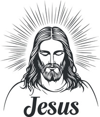 Black and white illustration of Jesus Christ with a halo and peaceful expression, symbolizing faith and spirituality