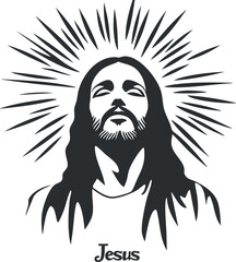 Black and white vector illustration of Jesus Christ with halo rays symbolizing holiness and divinity