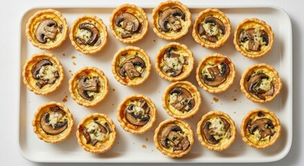 Overhead Shot of Miniature Mushroom Tarts on White Tray with Golden Crusts and Sesame Seeds