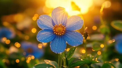 Vibrant blue flower in golden sunset