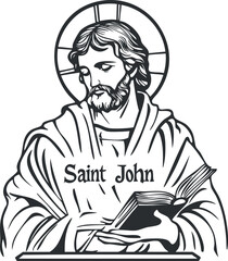 Black and white line art illustration of Saint John holding a Bible with a halo behind his head.