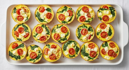 Overhead Shot Of Mini Quiches On White Serving Tray Featuring Tomatoes Spinach And Cheese