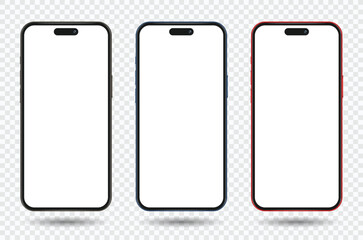Realistic Modern Smartphones Mockup in a White Screen Templates. Mobile phone vector with isolated on Transparent background. Device front view. 3D mobile phone with shadow.