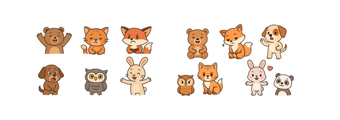 Collection of cute animals showing emotions and gestures, transparent background.