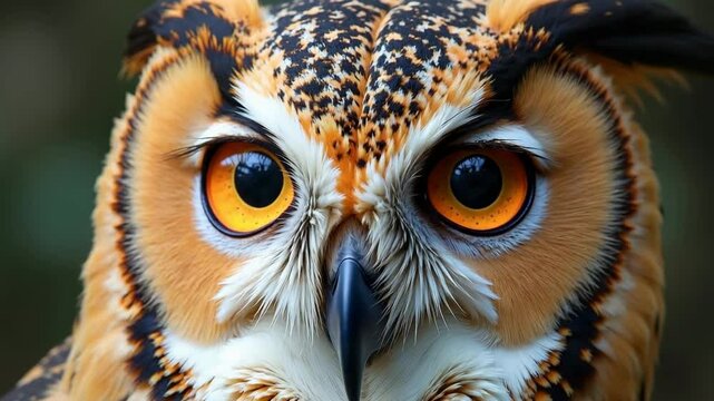Macro view of owl face with striking orange eye in wild nature setting, focused predator expression 4K, motion, funny animals, bird of prey in forest