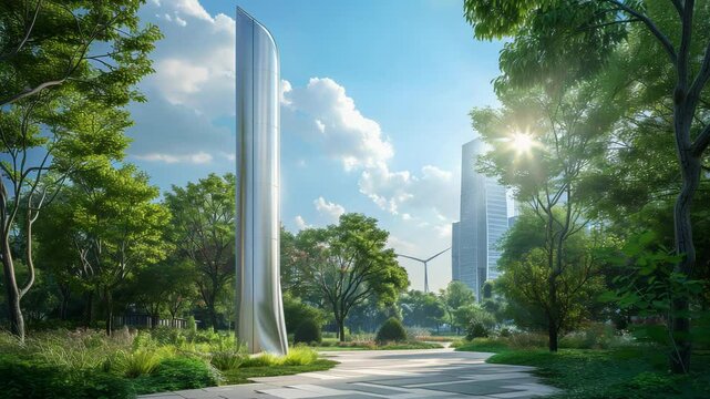 A scenic view of modern architecture surrounded by lush greenery, showcasing a harmonious blend of nature and urban design.