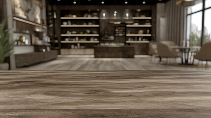 Brown wooden table top with blurred modern interior background