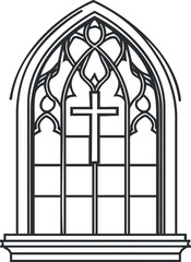 Black and white line art of a gothic church window with a cross in the center and decorative stained glass design
