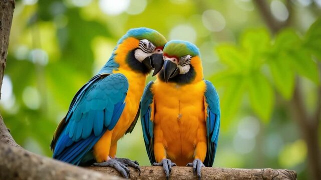 Colorful macaw parrots sitting side by side on branch in lush jungle, tropical bird couple 4K, motion, funny animals, exotic wildlife in love