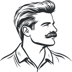 Black and white illustration of a young man with a mustache in profile view, showing stylish hair and confident expression
