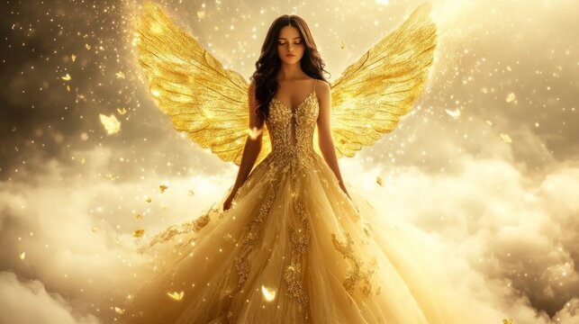 Golden winged woman in dreamy gown ethereal fantasy fashion portrait - Powered by Adobe