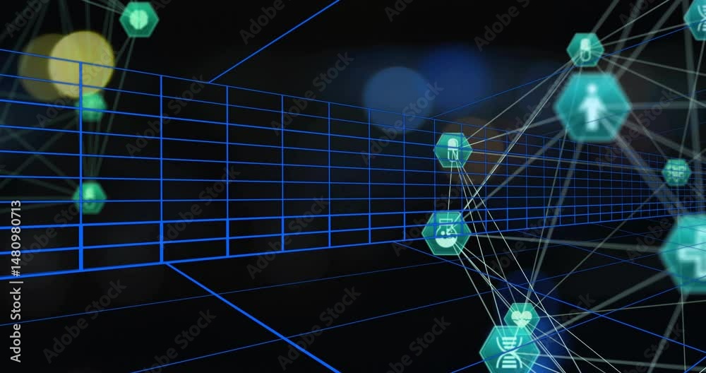 Poster teal hexagonal icons floating in 3d grid corridor, connecting science symbols with glowing lines