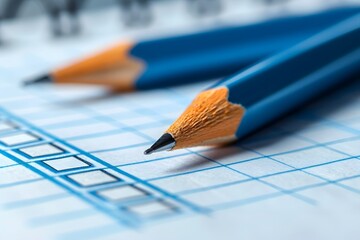 Close-up view of two sharpened pencils lying on a gridded answer sheet, ready for completing a test or survey.