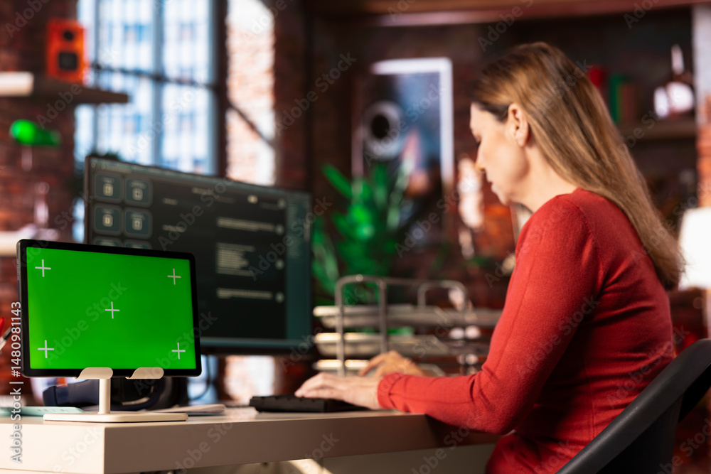 Fototapete focused person engaging with ai assistant on pc next to chroma key, using the chatbot for automation