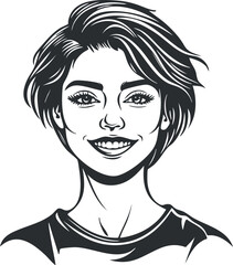 Black and white illustration of a smiling young woman with short hair and friendly expression