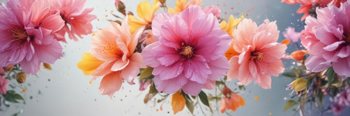 Vibrant watercolor blooms, lush petals, artistic splash ,  botanical illustration,  floral design,  floral