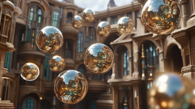 Golden spheres floating in ornate building courtyard reflective light abstract background - Powered by Adobe