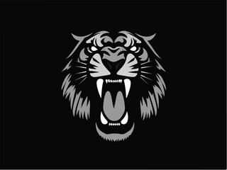 Roaring lion head silhouette isolated on black background. Lion logo design. Vector illustration. 
