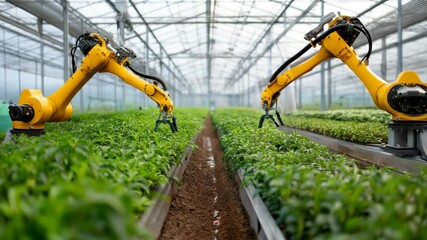 The advanced use of robotic arms in a greenhouse showcases modern agricultural technology aimed at enhancing productivity and efficiency in food production and sustainability. - Powered by Adobe