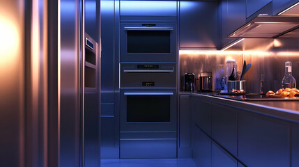 Modern Stainless Steel Kitchen with Warm Lighting at Night