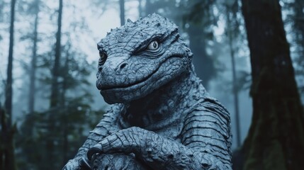 Reptilian creature in misty forest digital rendering