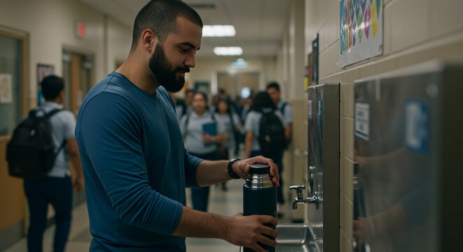 Bearded Man Filling Up Water Bottle at School Drinking Fountain Next to the Hallway