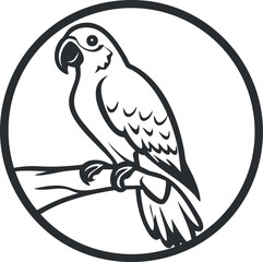Black and white line art illustration of a parrot perched on a branch inside a circle outline
