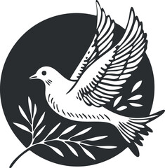Black and white illustration of a flying dove holding an olive branch symbolizing peace and freedom