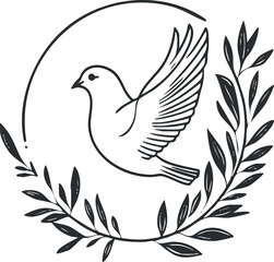 Minimalist black line art of a flying dove surrounded by olive branches symbolizing peace and freedom