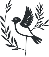 Black and white illustration of a bird with wings spread surrounded by leafy branches