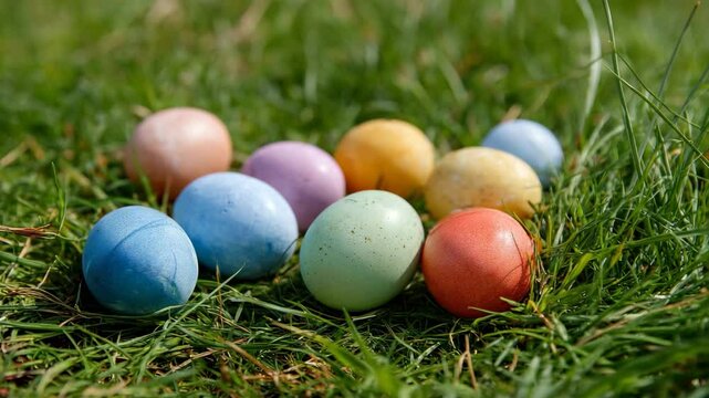 A collection of colorful Easter eggs arranged beautifully on lush green grass, showcasing the joy of spring celebrations and the excitement of holiday traditions.