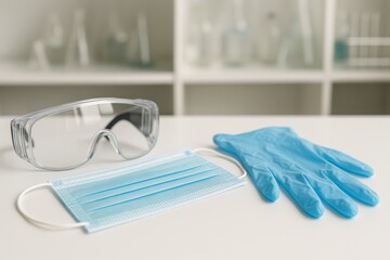 Safety goggles, a disposable surgical mask, and nitrile gloves on a table in a laboratory setting, representing essential personal protective equipment.