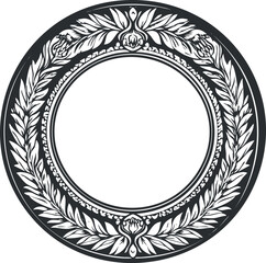 Decorative vintage circular frame with ornate floral and leaf patterns in black and white.