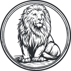 Black and white detailed illustration of a majestic lion sitting inside a circular frame
