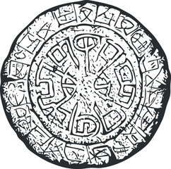 Ancient circular stone carving with mysterious symbols and glyphs in black and white design