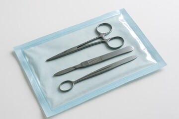 A sealed medical pouch contains surgical scissors, a scalpel, and forceps &mdash; sterile and ready for use in surgical procedures or emergency response.