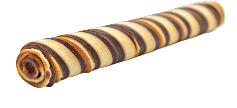 Close-up Of A Long Thin Chocolate And Vanilla Wafer Roll Isolated On A Transparent Background The Wafer Roll Has A Spiral Shape And Is Made Of Alternating Layers Of Chocolate And Vanilla The Wafer Rol